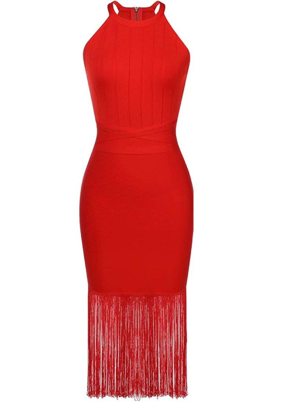 Red Fringe Hem Wrap Waist Halter Bandage Bodycon Midi Dress - Size M - Picture 6 of 8